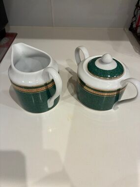 Elegant Green and Gold Porcelain Creamer and Sugar Set by PTS In’l